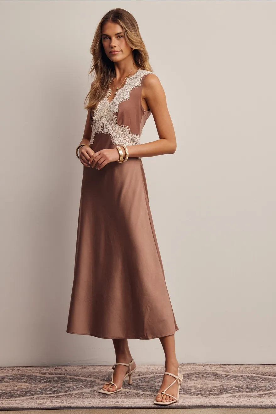 Lace Trim Satin Midi Dress