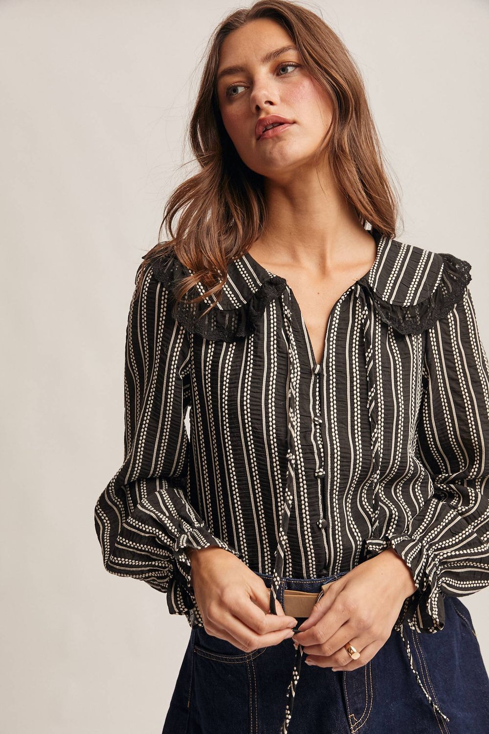 Embroidered Collar Textured Blouse, Size: S