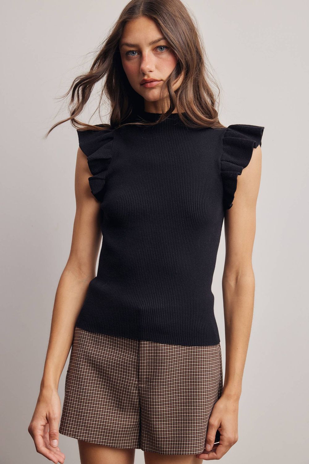 Ruffle Sleeve Rib Knit Top, Color: Black, Size: S