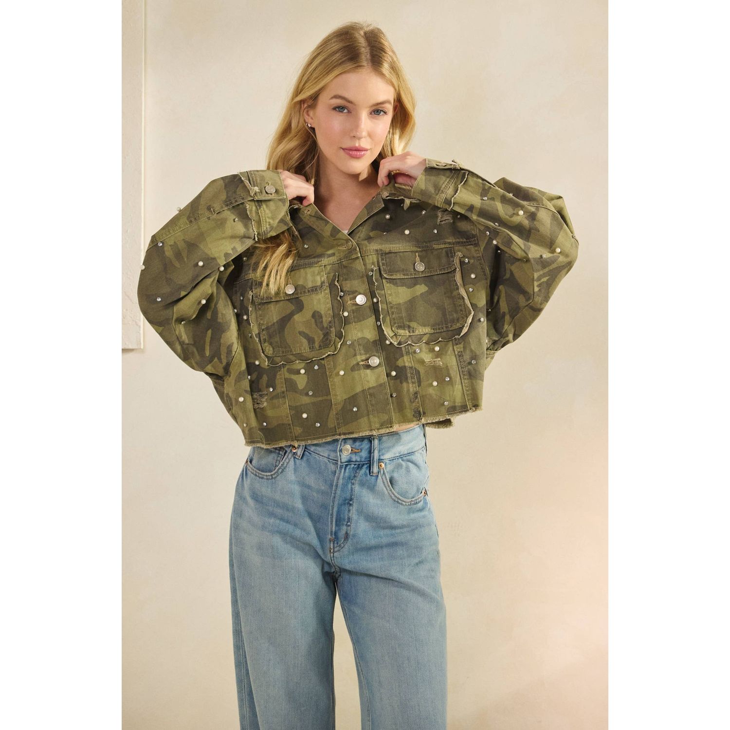 Scallop Detailed Glitzy Denim Jacket, Color: Camo, Size: S