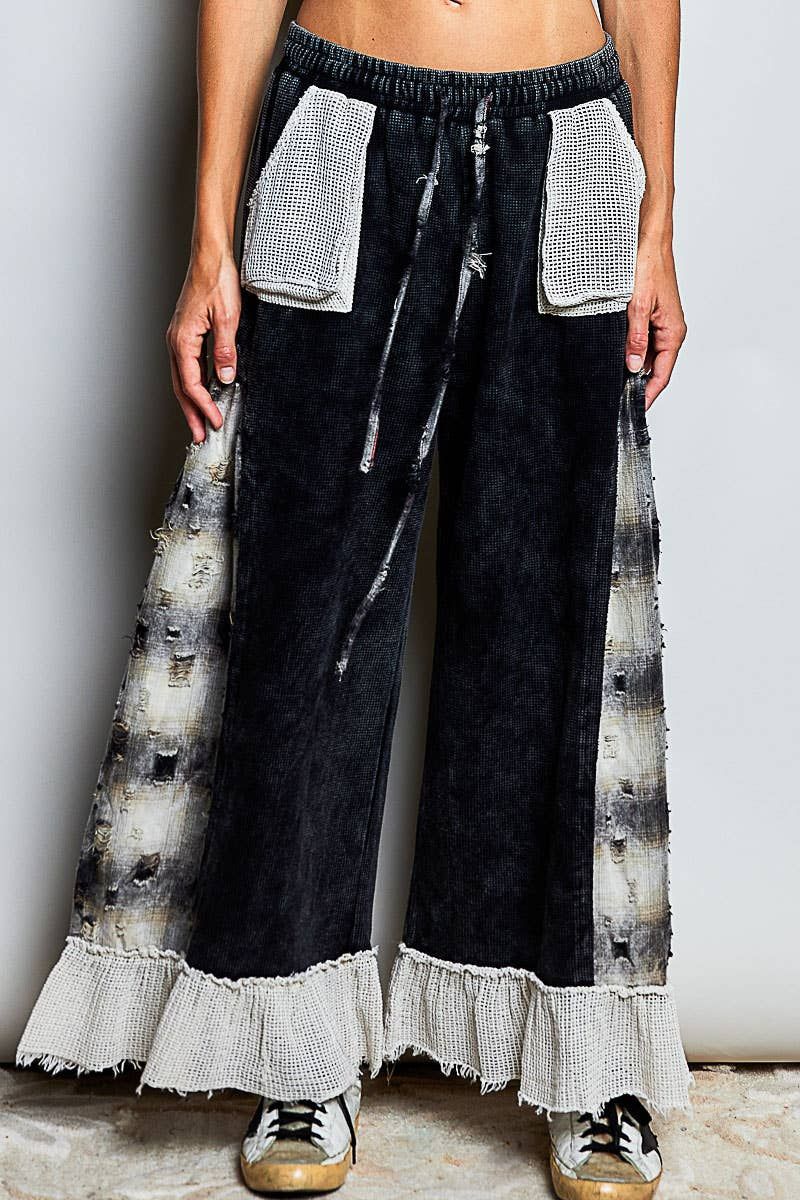 High Rise Thermal Plaid Side Ruffle Crochet Wide Leg Pants, Color: BLACK PLAID, Size: S