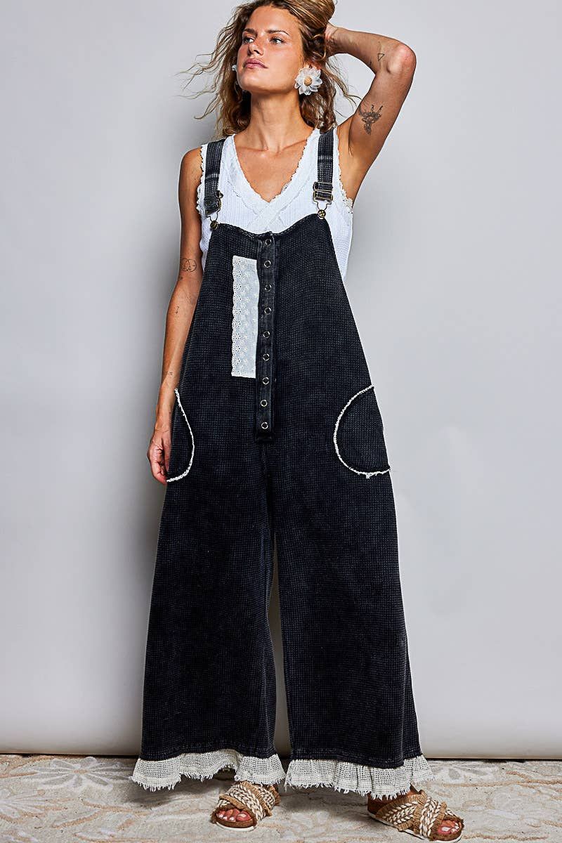 Thermal Cotton Lace Rib Placket Metal Snap Wide Leg Overall, Color: Black, Size: S