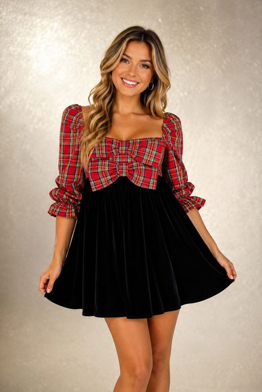 BC Tartan Plaid Baby Doll Dress with Bows