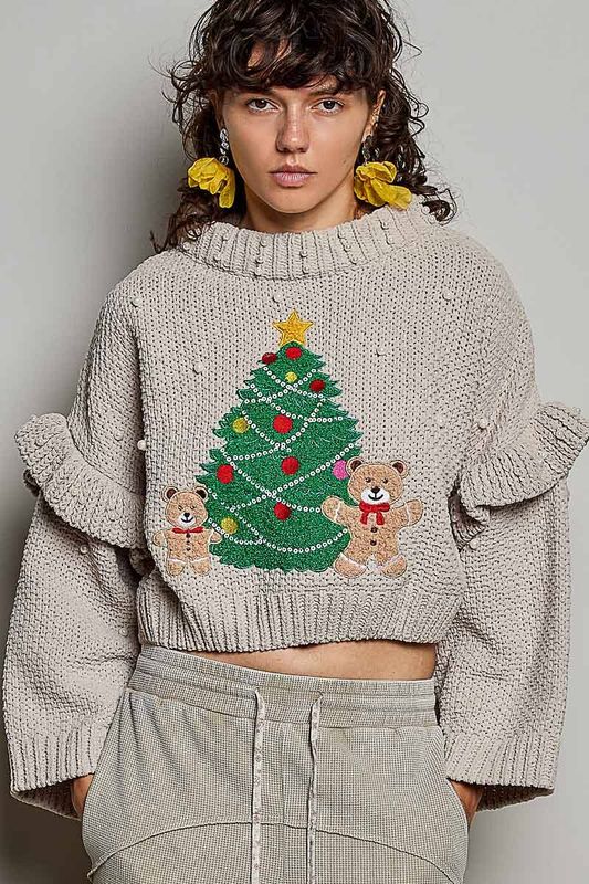 Christmas Teddy Bear Pearl Sleeve Ruffle Knit Sweater