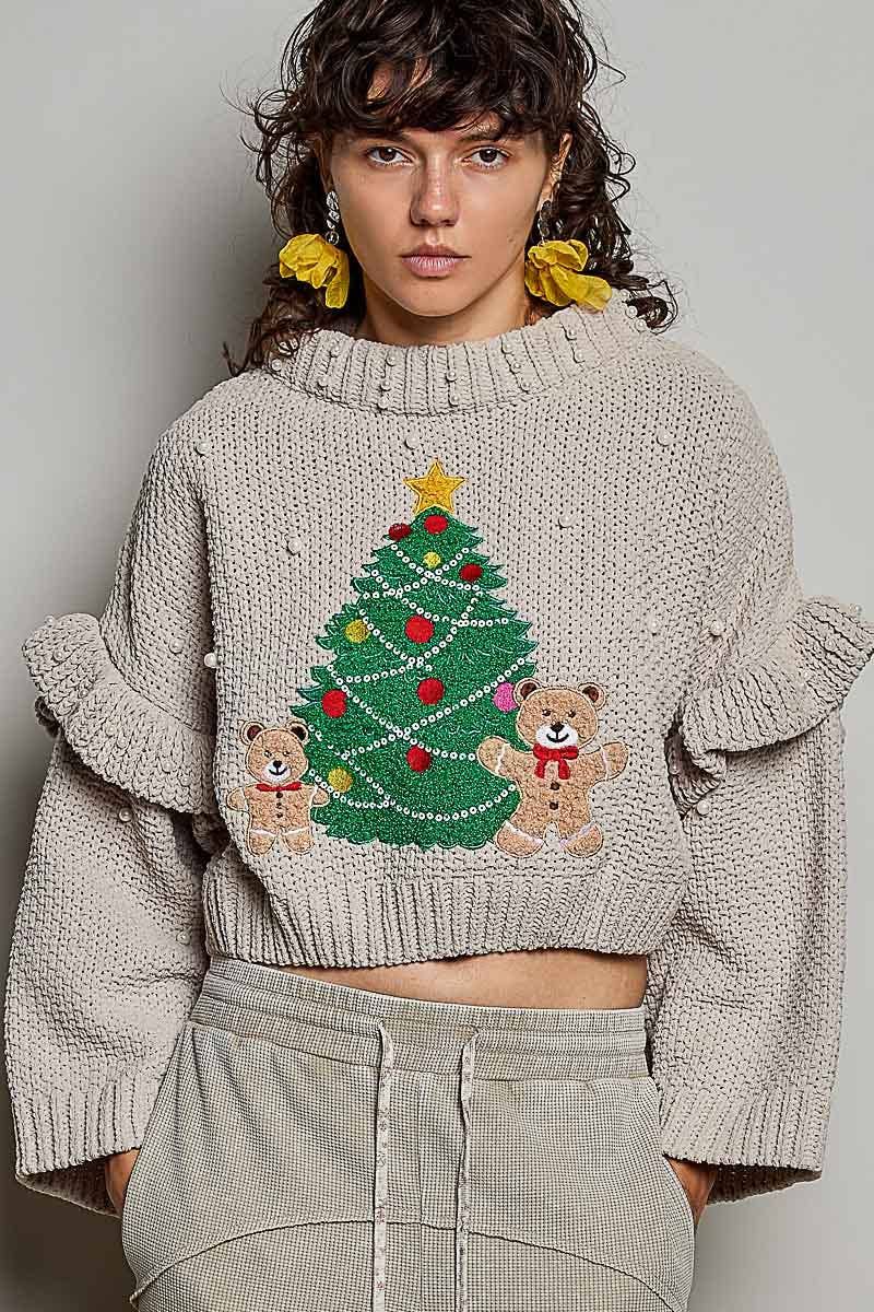 Christmas Teddy Bear Pearl Sleeve Ruffle Knit Sweater, Color: TAOS TAUPE, Size: M