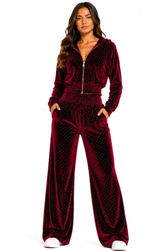 Velvet  crop rhinestone bling bling jacket with pant set