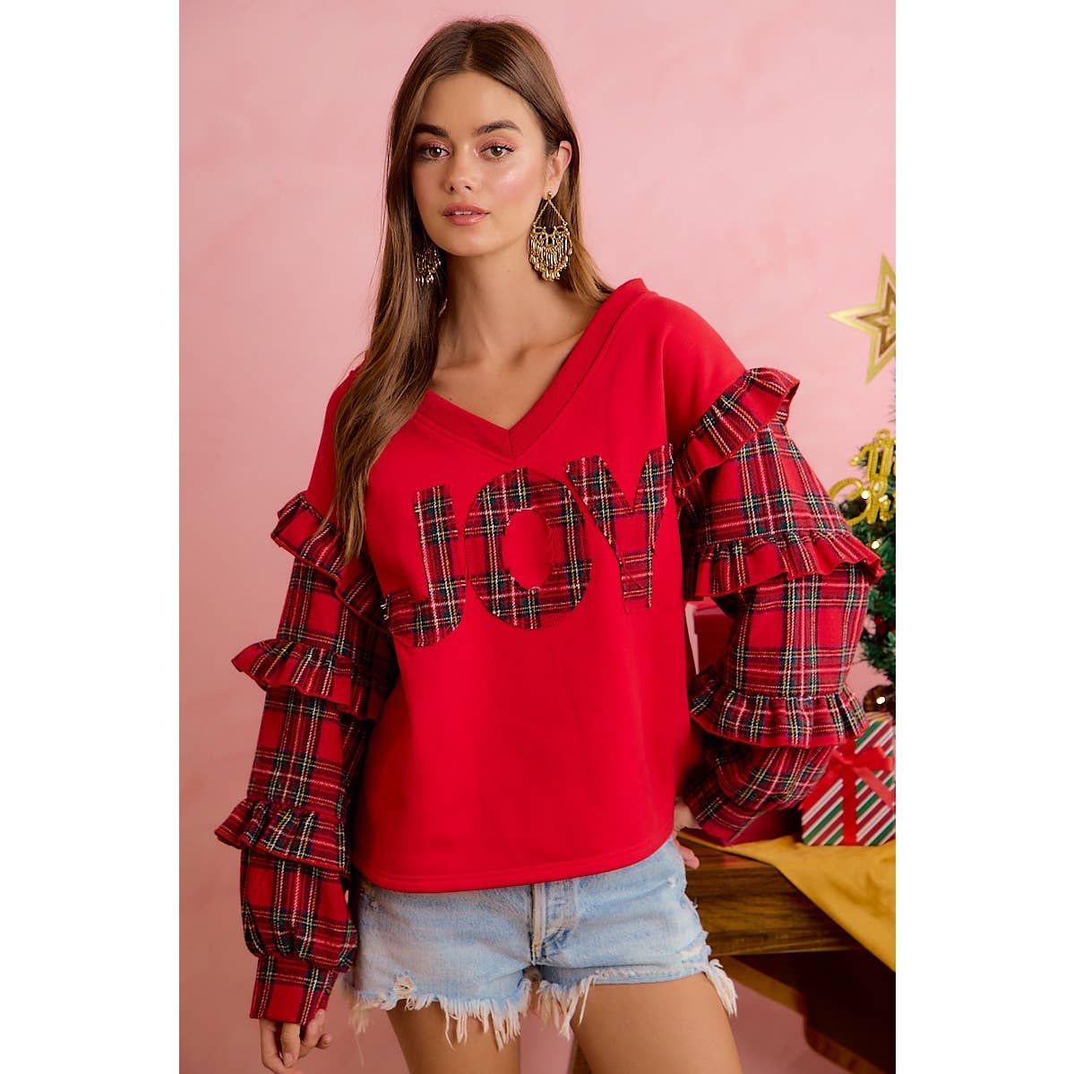 CHRISTMAS THEME RUFFLED SLEEVE JOY PATCHWORK V NECK TOP, Color: RED, Size: XL