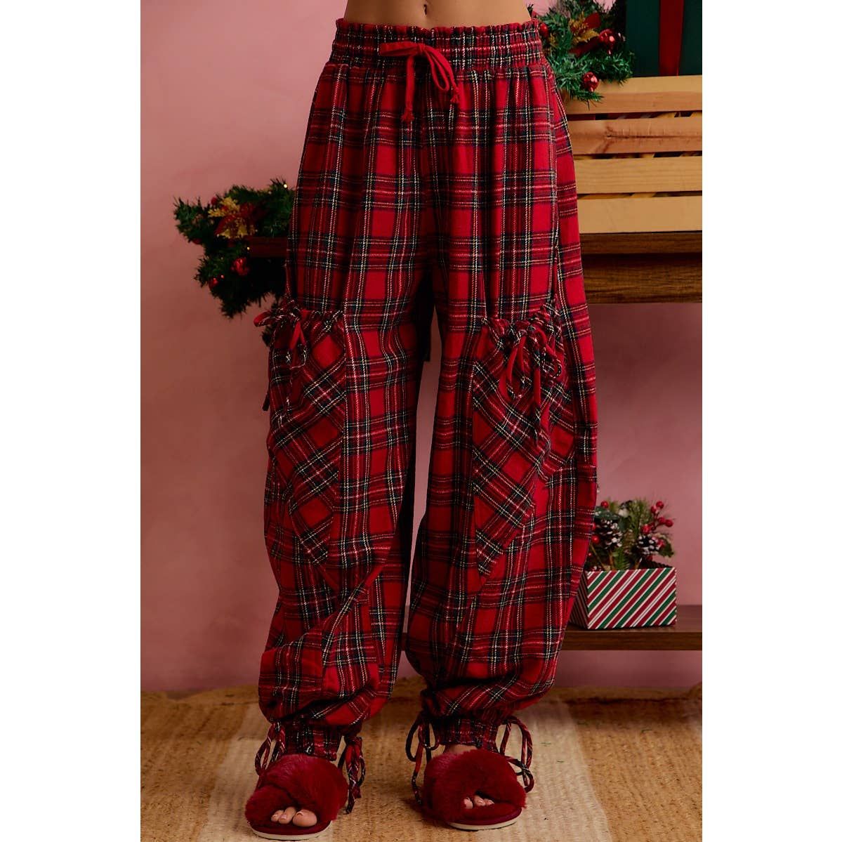 CHRISTMAS PLAID SHIRRED POCKET WITH RIBBON PARACHUTE PANTS, Color: RED PLAID, Size: XL