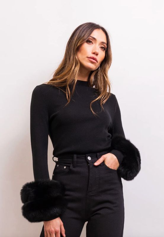 Fur Cuff Wool Sweater in Black