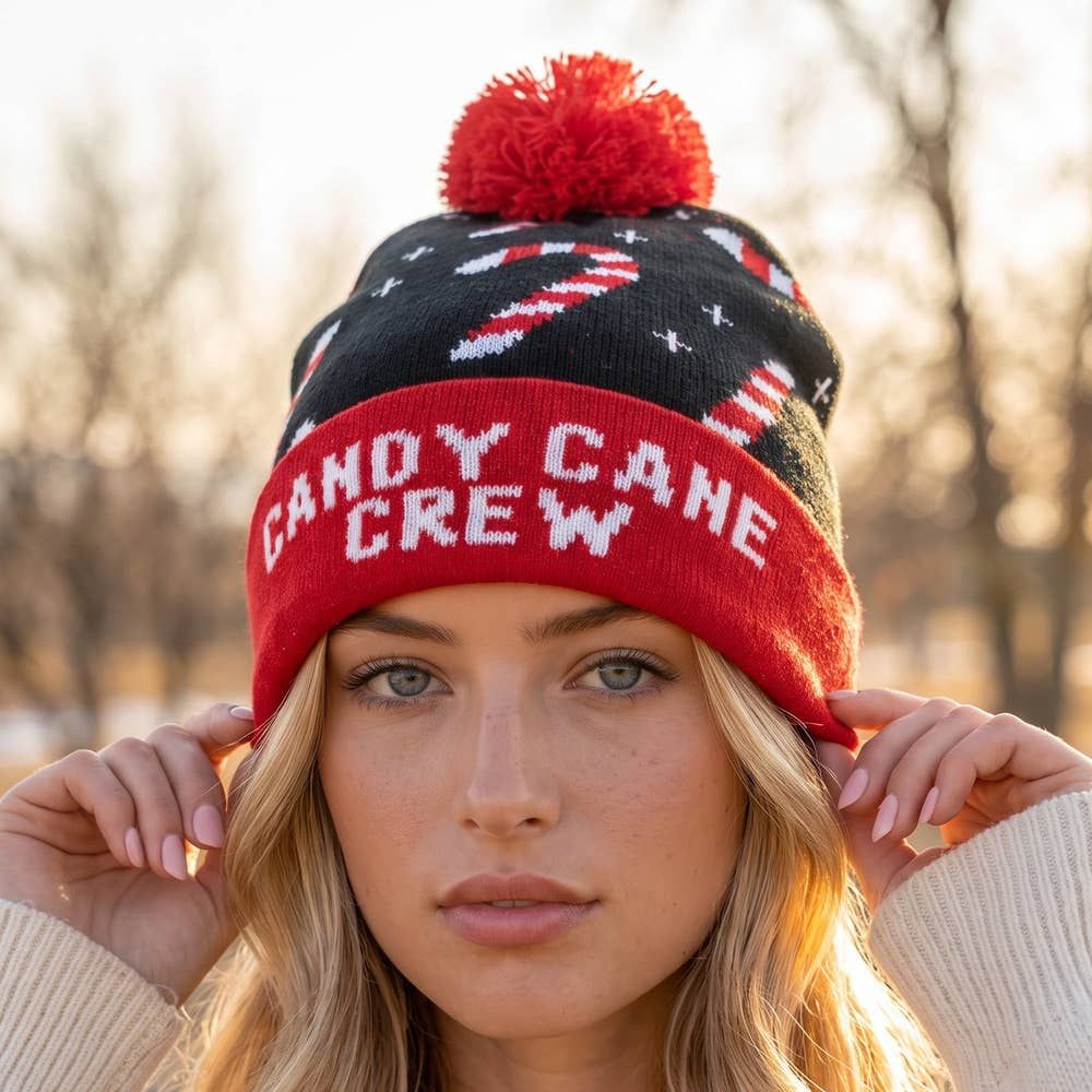 Christmas Candy Cane Crew Pom Beanie, Color: BK