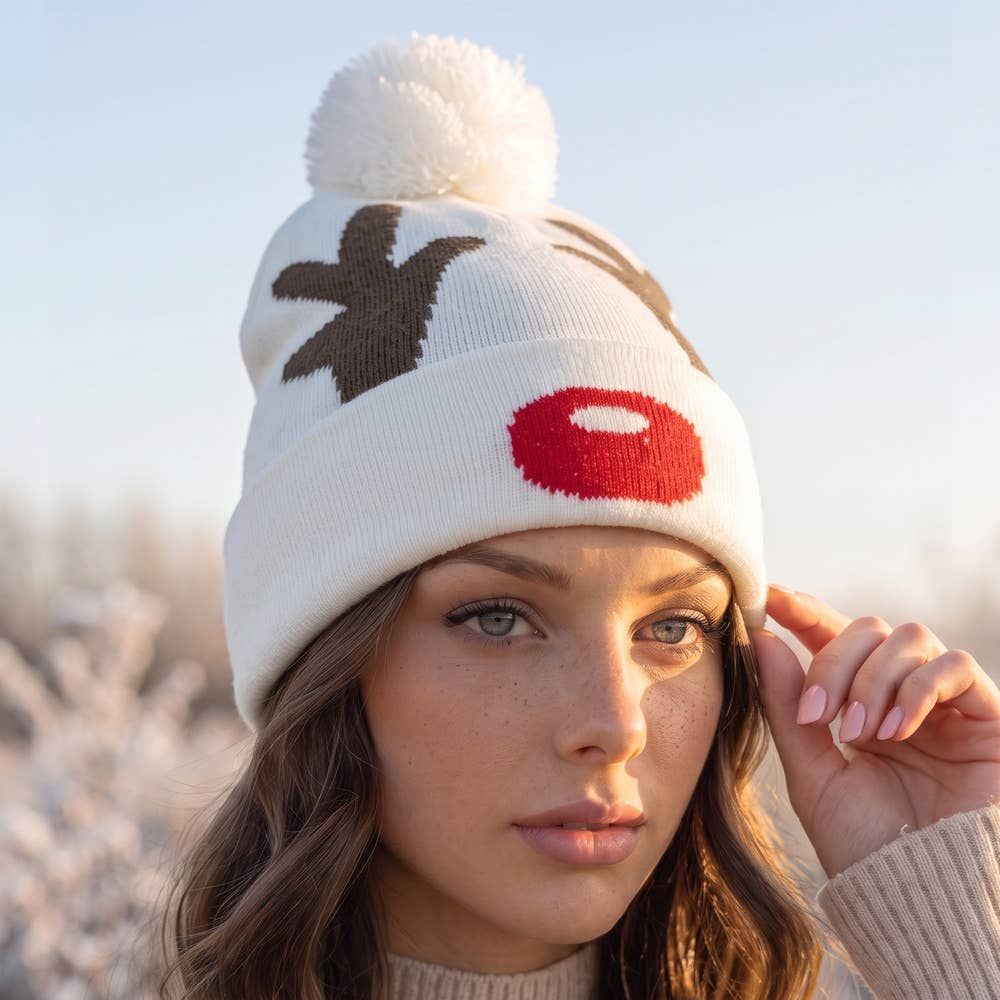 Christmas Reindeer Antler Pom Beanie, Color: WH