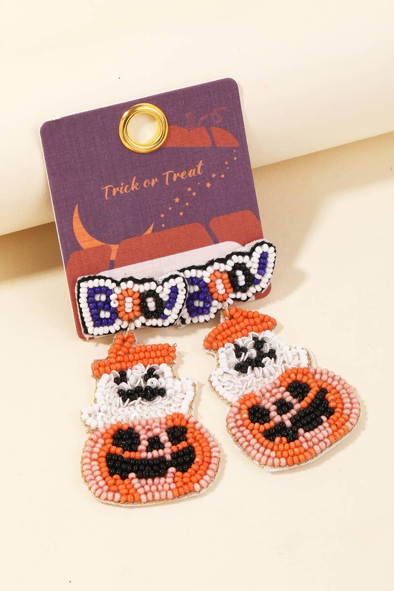 Beaded Jack O Lantern Boo Halloween Earrings, Color: MULTI