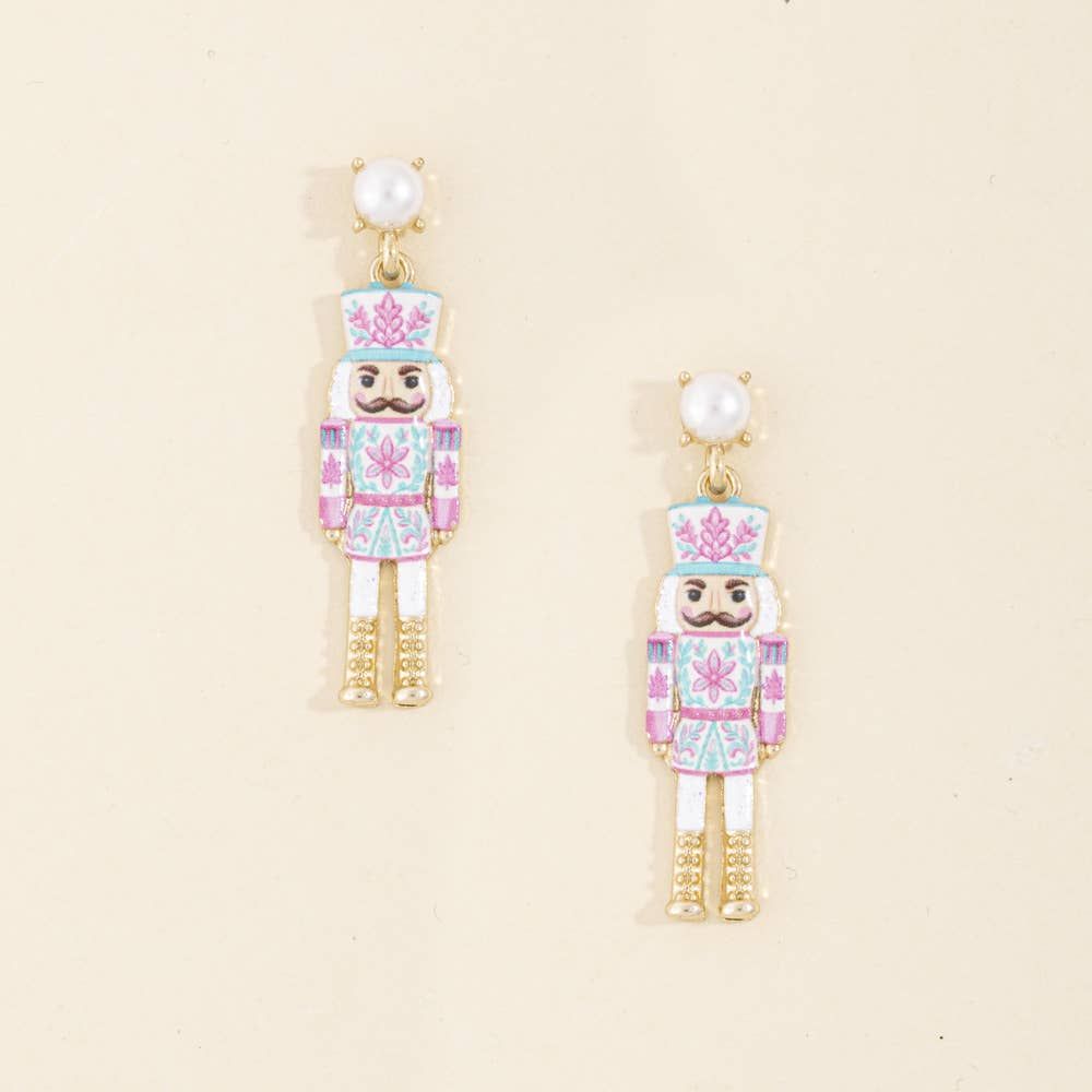 Vintage Christmas Print Nutcracker Pearl Drop Earrings, Color: LPK