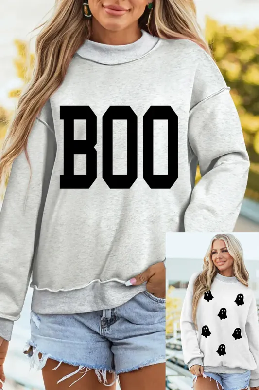 Halloween Slogan Ghost Print Reversible Mock Neck Sweatshirt