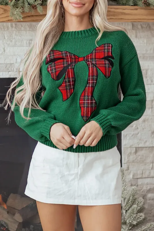 Plaid Bow Graphic Christmas Sweater