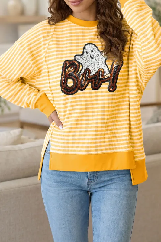 Stripe Boo Sequin Ghost Halloween Graphic Split Hem Top