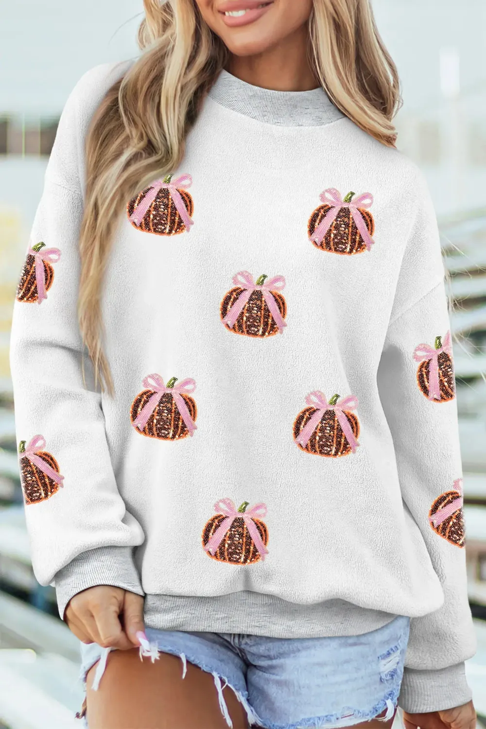 Sequin Bow Pumpkin Patch Color Block High Neck Sweatshirt, Color: Light Grey, Size: M