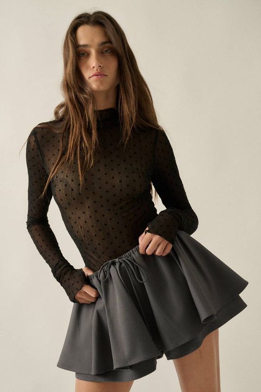 Sheer Floral Mesh Mock-Neck Long-Sleeve Thumbhole Top