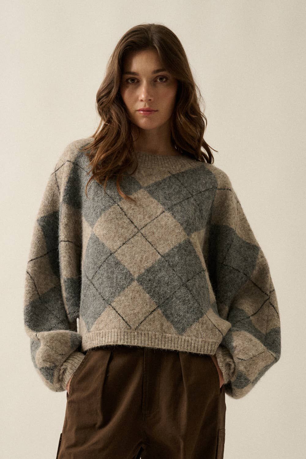 Argyle Plaid Knit Loose-Fit Dolman-Sleeve Sweater, Color: Grey, Size: L