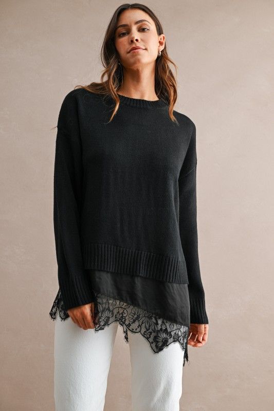 Satin Lace Layered Hem Sweater Top