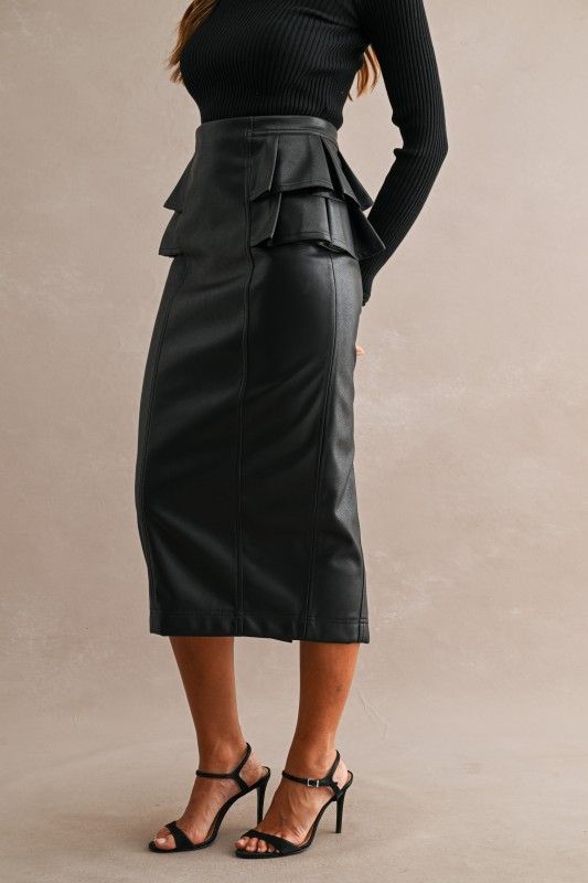 Leather Side Ruffle Detail Midi Skirt