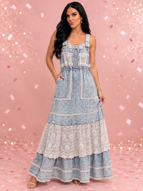 Crochet Pockets Ruffle Denim Long Overall Dress