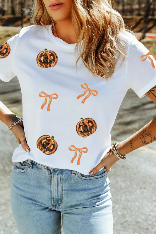 Sequin Pumpkin Face Bow Halloween Graphic T Shirt