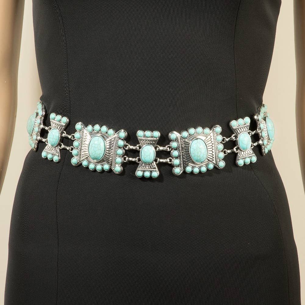 Turquoise Stone Western Concho Chain Belt, Color: S