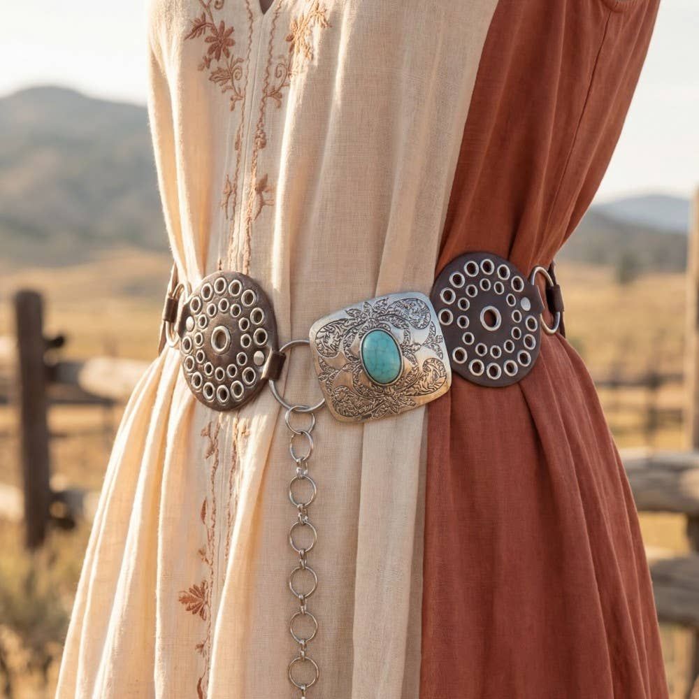 Vegan Leather Studded Disc Engraved Buckle Chain Belt, Color: BZS