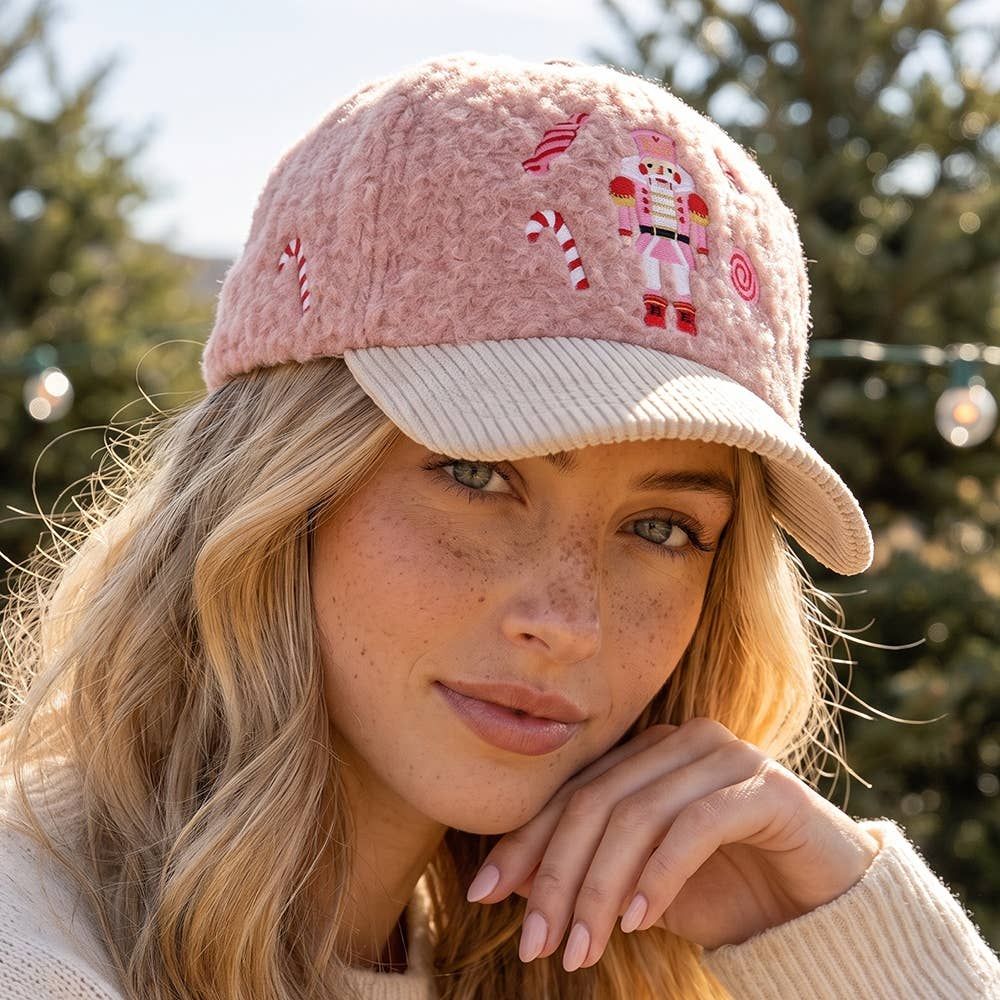 Christmas Nutcracker Embroidered Sherpa Baseball Cap, Color: PINK