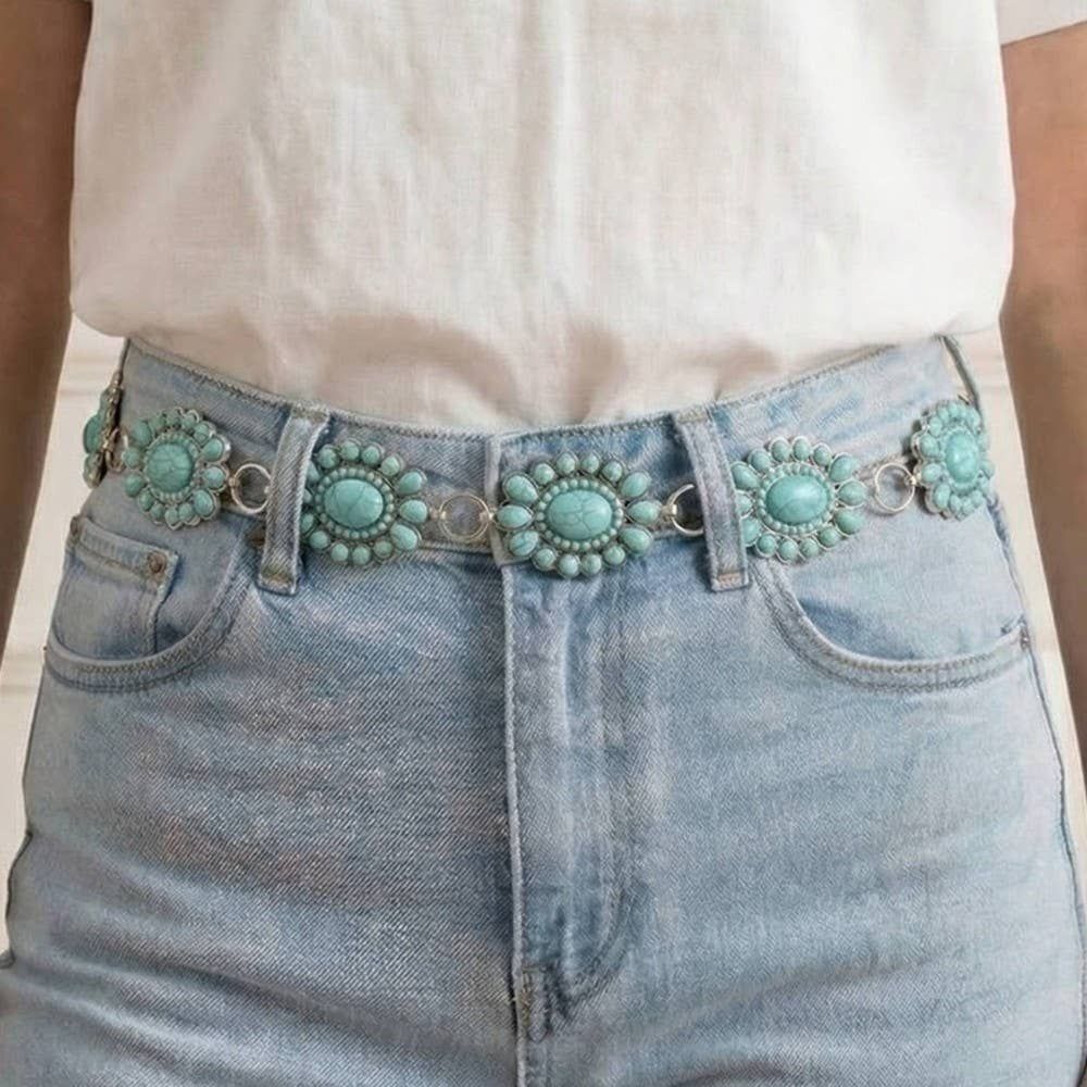 Western Turquoise Stone Bead Concho Disc Chain Belt, Color: S