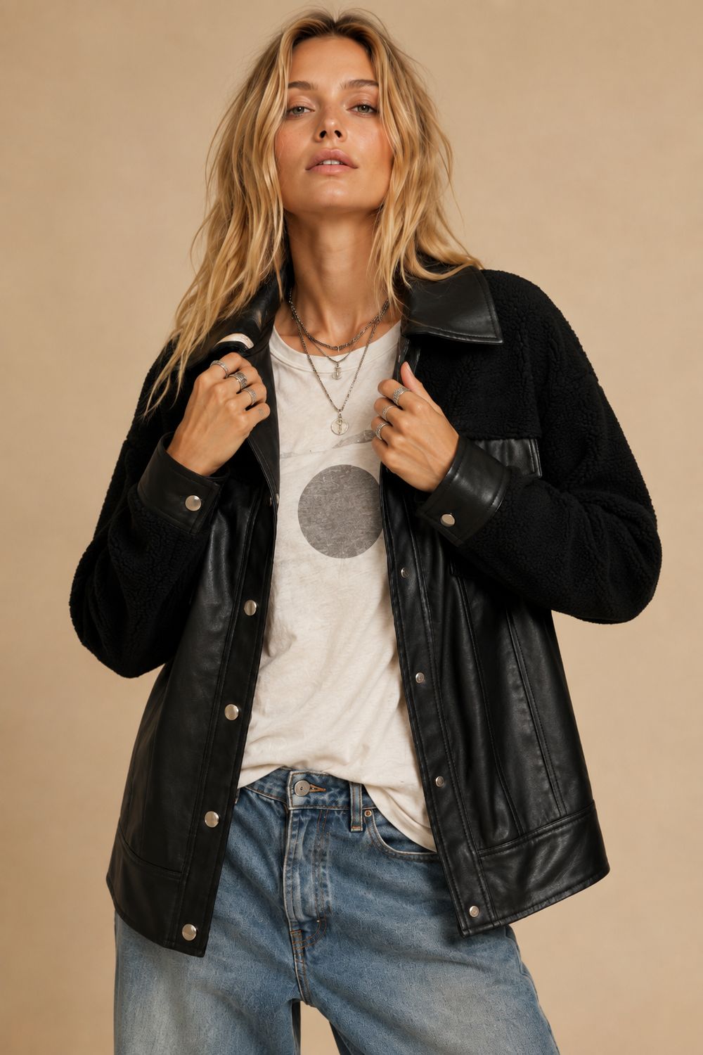 Faux Leather &amp; Sherpa Hybrid Shacket, Color: Black, Size: L