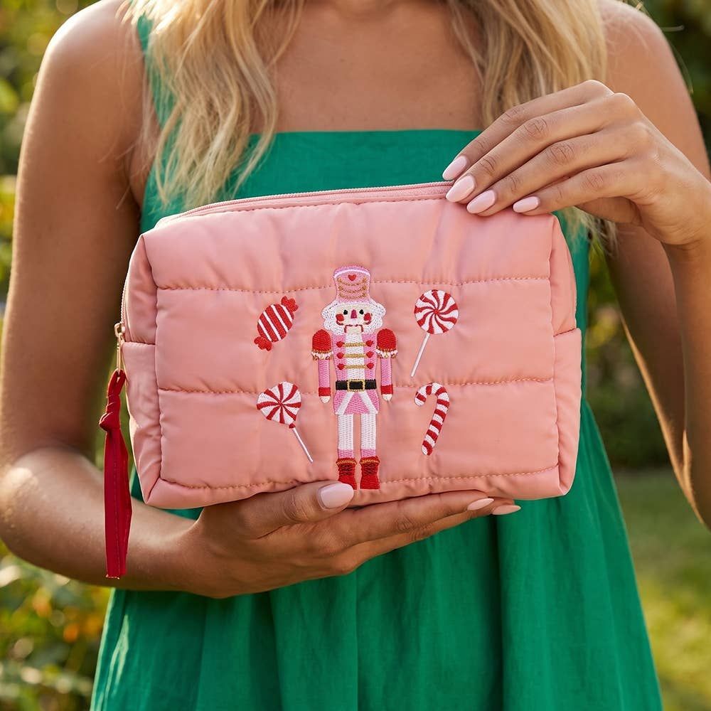 Nutcracker Embroidered Puffer Zip Pouch, Color: PINK