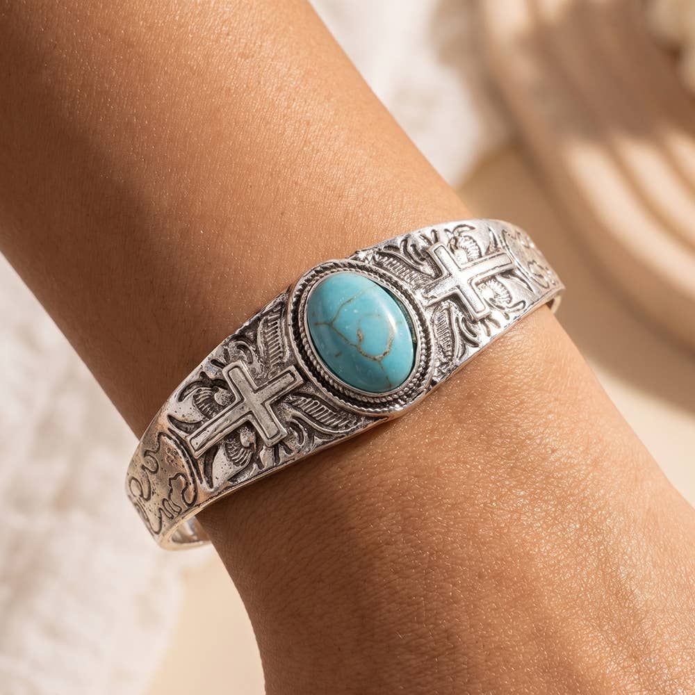 Turquoise Engraved Cross Cuff Bracelet, Color: TQBS