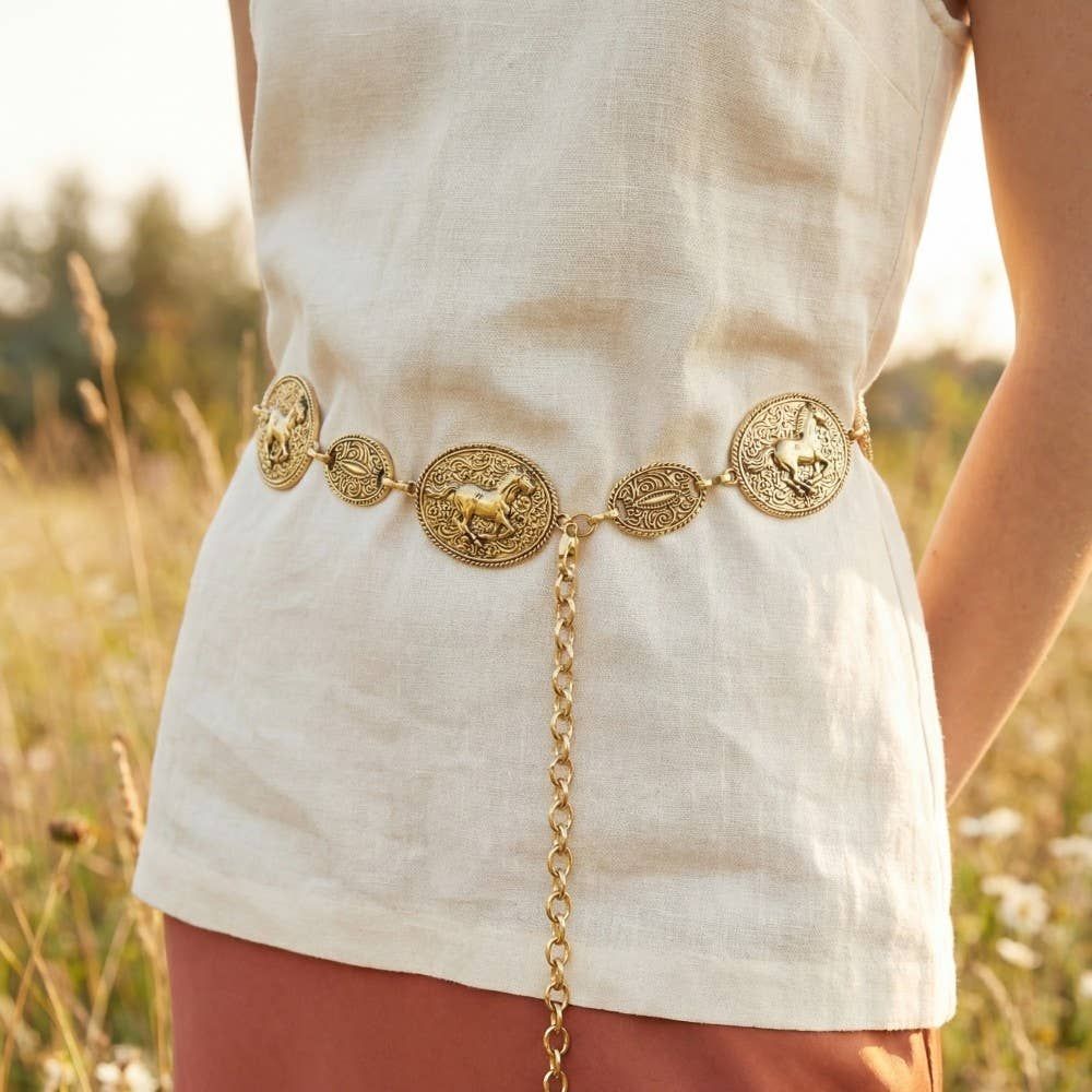 Horse &amp; Rider Oval Medallion Chain Belt, Color: G