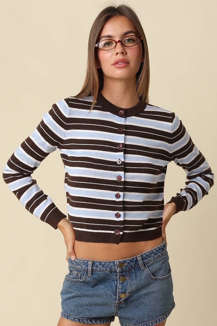 Ella Multi Stripe Button Cardigan, Color: COFFEE LT BLUE IVORY, Size: S