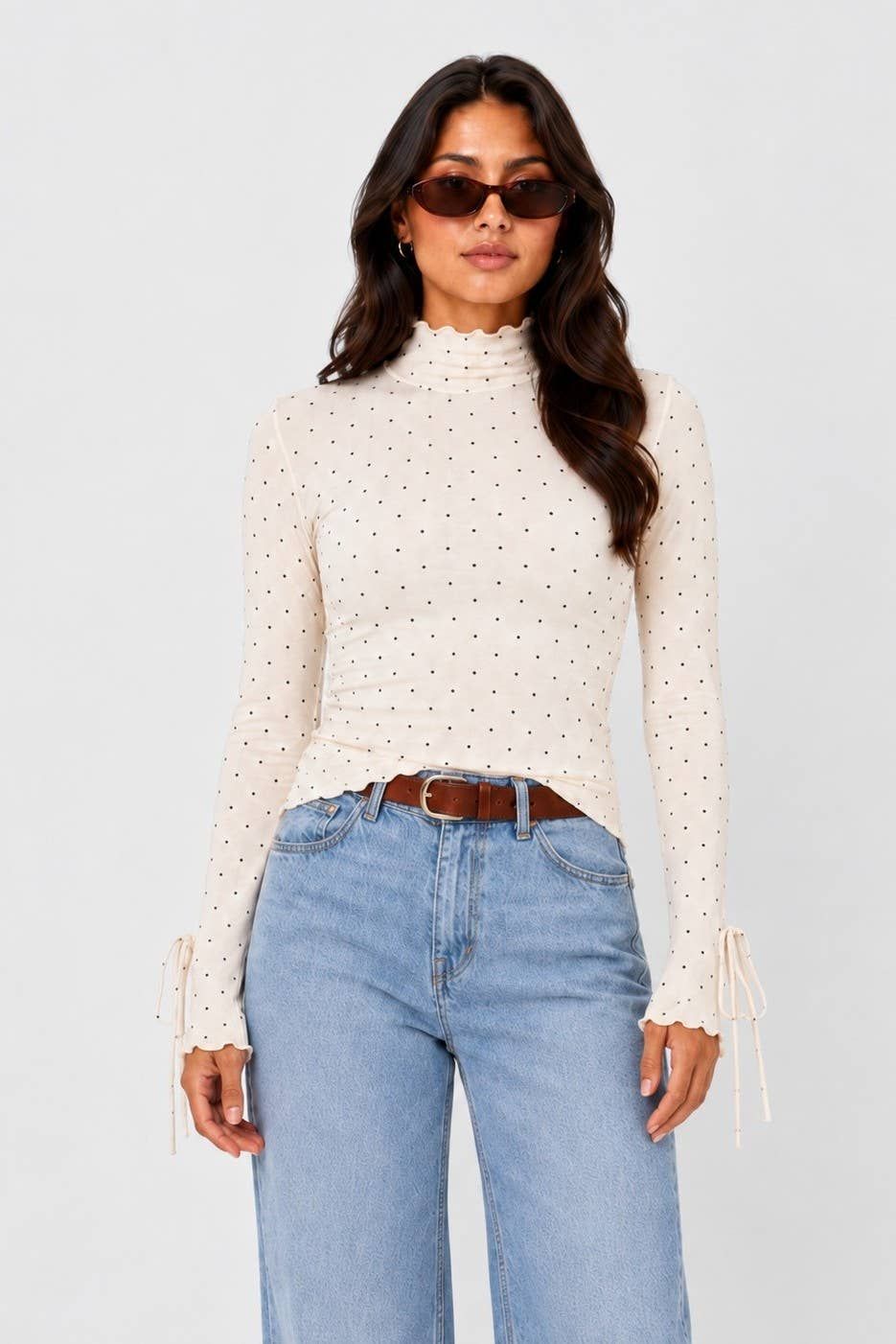 POLKA DOT RUFFLED TRIM LONG SLEEVE TOP, Color: Cream, Size: S