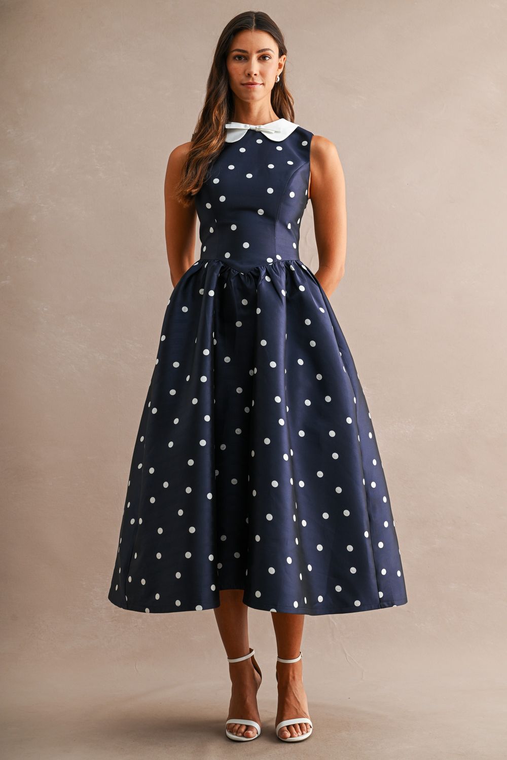 Taffeta Polka Dot Sleeveless Contrast Collar Bow Midi Dress