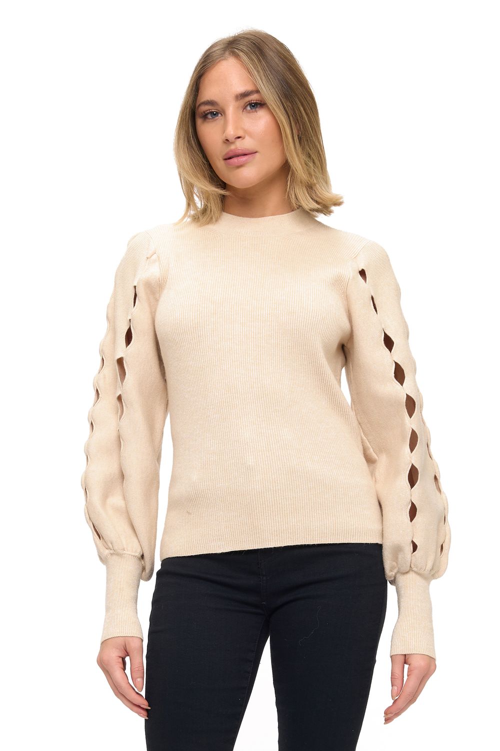 Detailed Hole Sleeve Ribbed Sweater