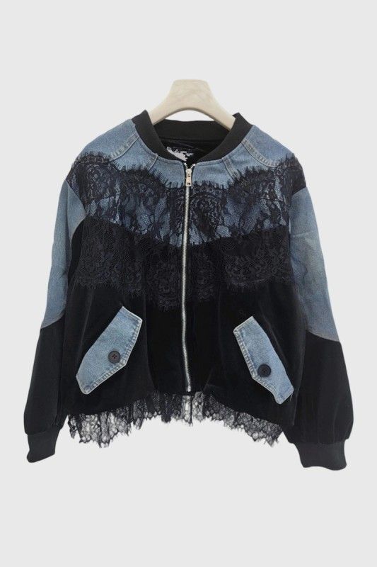 Lace Panel Velvet Zip-up Denim Jacket