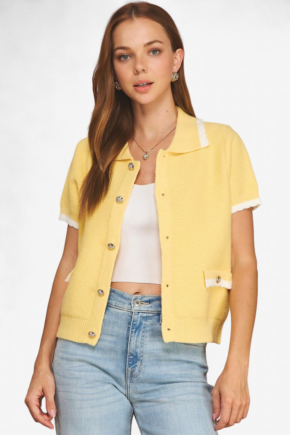 Scalloped Collared Short Sleeve Knit Cardi