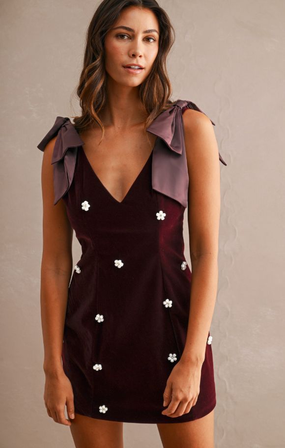 Velvet Jewel Embellished Bow Shoulder Mini Dress