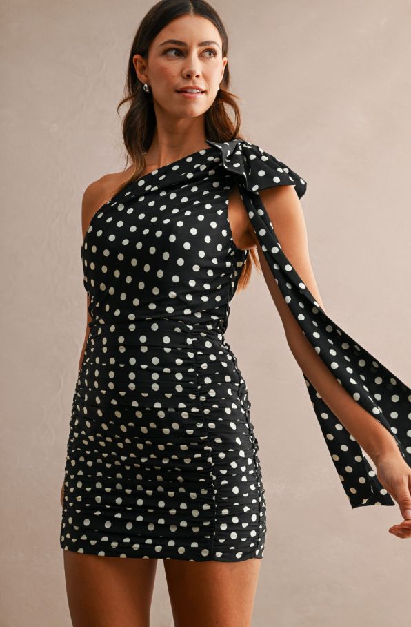 Polka Dot Ruched One Shoulder Mini Dress