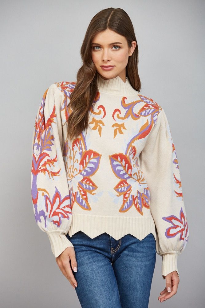 Floral Motif Jacquard Knit Waved Edge Sweater