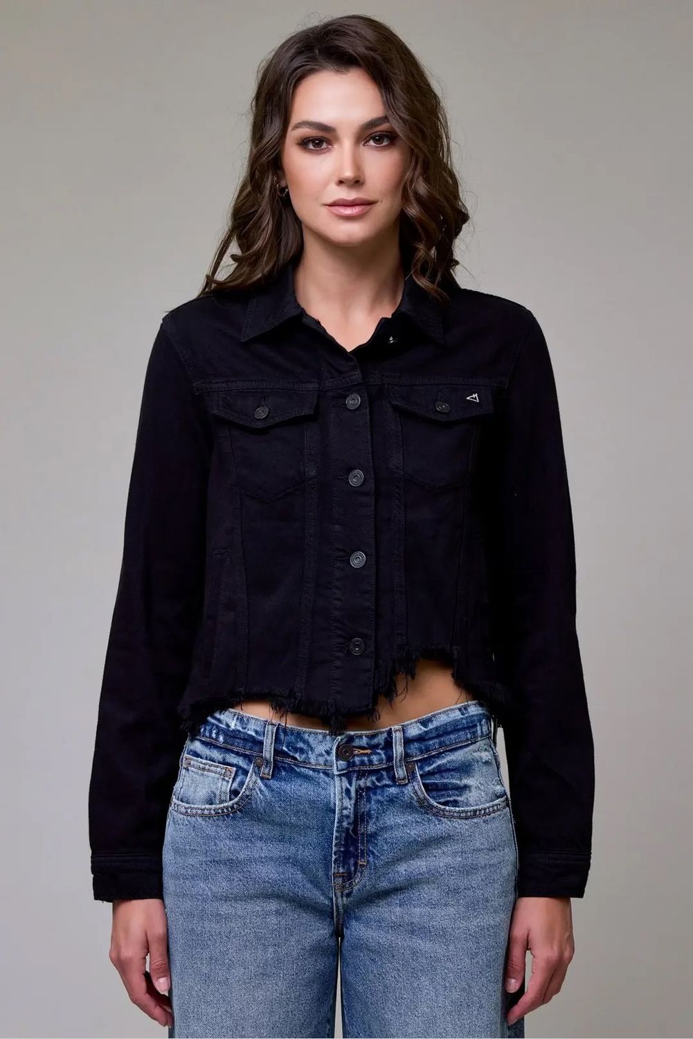 Black Frayed Bottom Fitted Denim Jacket