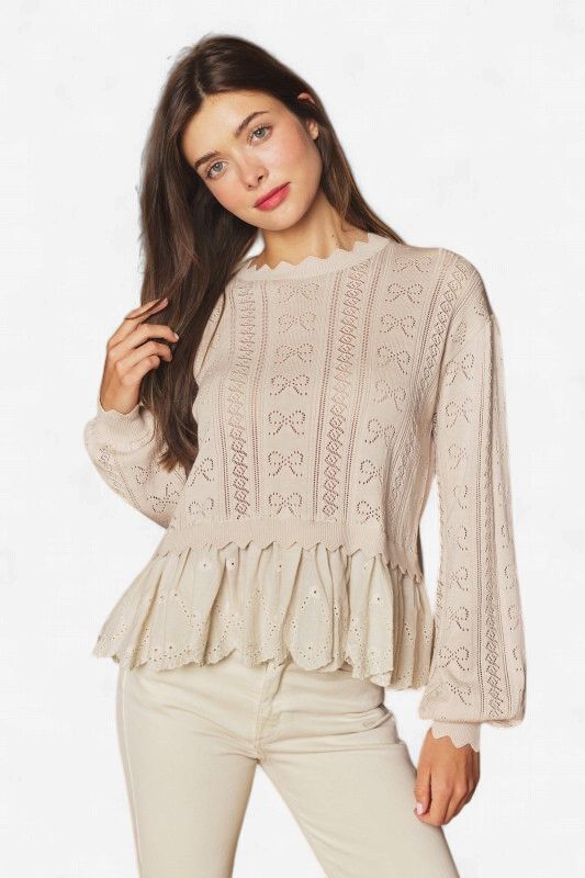 Pointelle Knit Eyelet Peplum Sweater Top