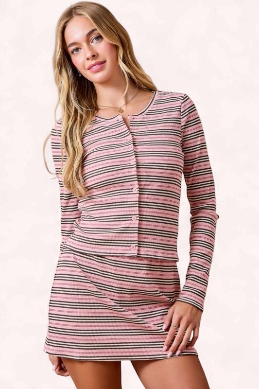 Stripe Ribbed Button Down Cardigan Knit Top