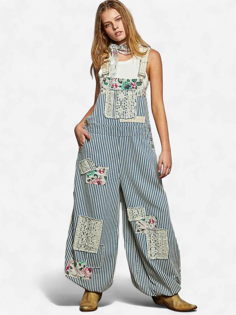 Printed Lace Patch Trim Strap Relaxed Fit Jogger Overall