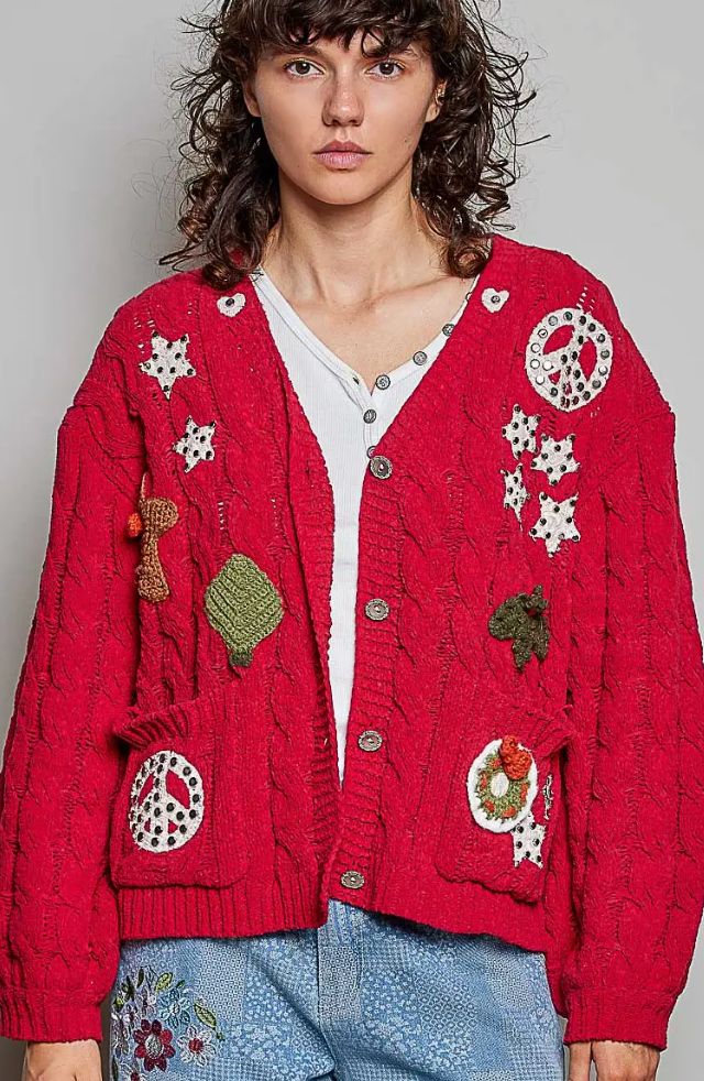 Christmas Patch Chenille Stud Front Pocket Peace Cardigan