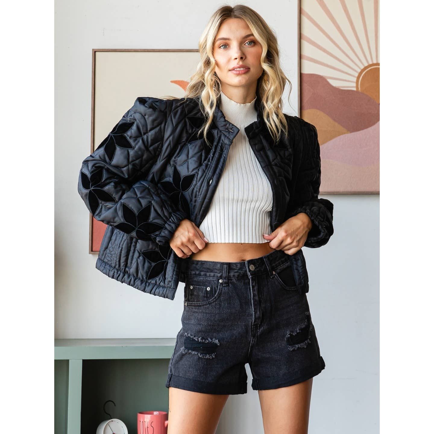 Flower Quilted Jacket, Color: Black, Size: L